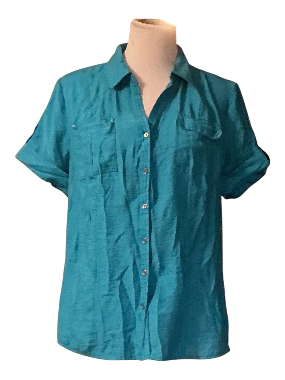 Roz & Ali Teal Short-Sleeve Button Down Shirt